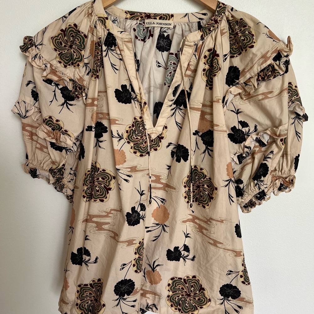 Ulla Johnson Cream and Black Puff Sleeve Blouse